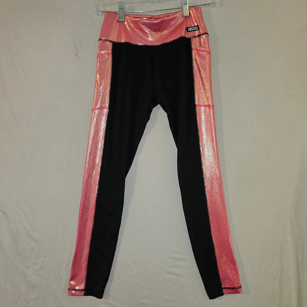 Justice Active Leggings Size L 12/14 Girls Black Pink Metallic Foil Pockets